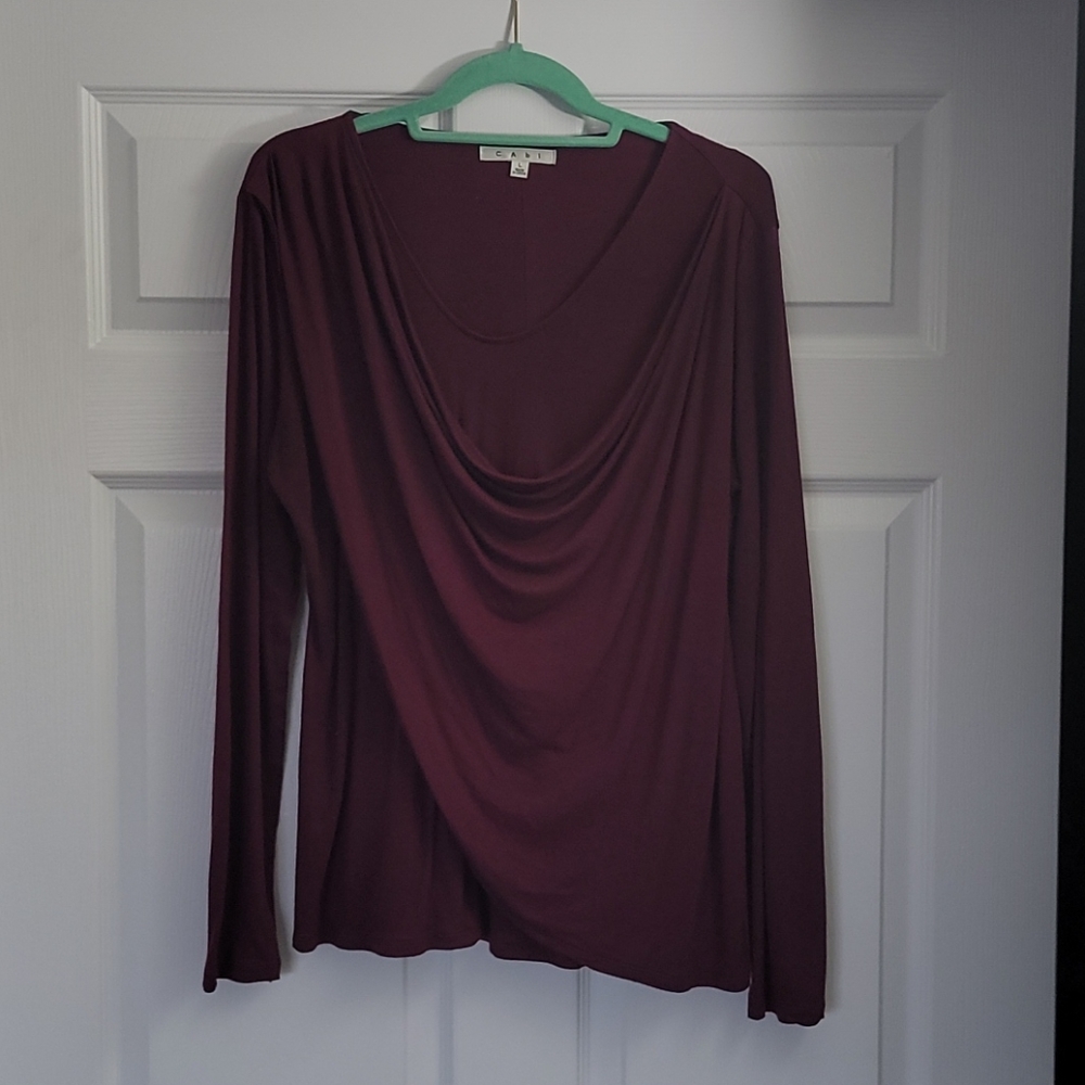 Lightly worn burgundy toga-like Cabi shirt